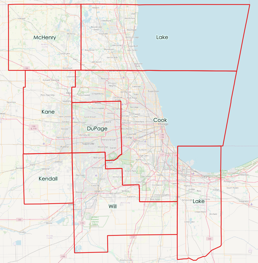 map of eight Chicago region counties